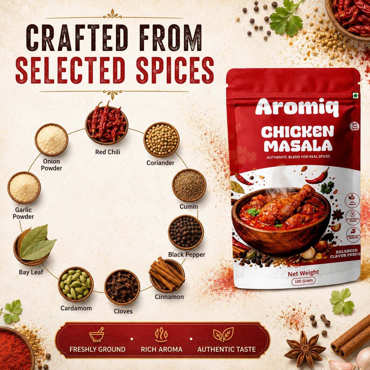 Aromiq Chicken Masala Powder 100g | Authentic Indian Spice Blend | 100% Natural