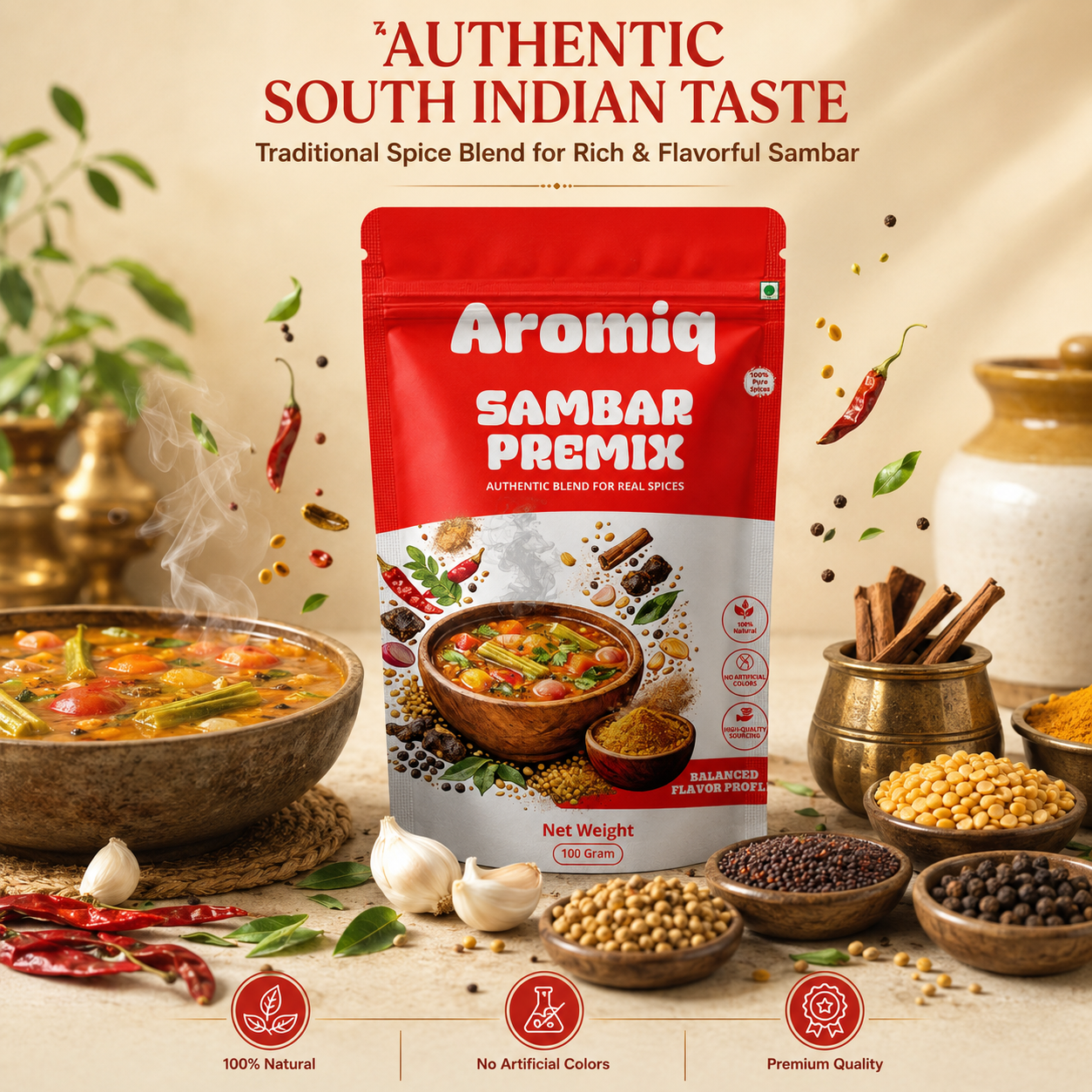 Aromiq Sambar Premix | Authentic South Indian Spice Blend | Ready-to-Cook Sambar Masala