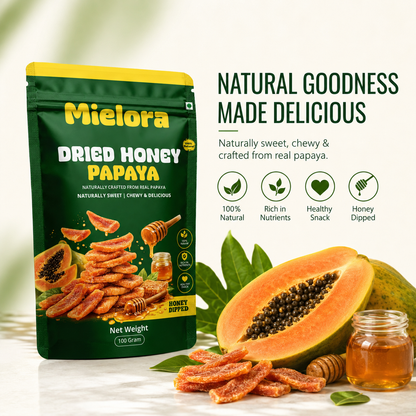 Mielora Dried Honey Papaya, 100g | Premium Honey Dipped Dehydrated Papaya Slices