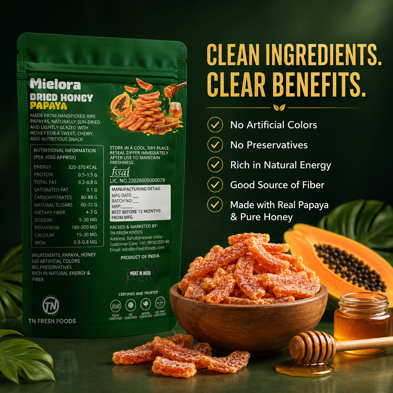 Mielora Dried Honey Papaya, 100g | Premium Honey Dipped Dehydrated Papaya Slices