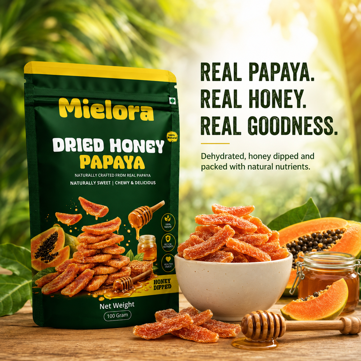 Mielora Dried Honey Papaya, 100g | Premium Honey Dipped Dehydrated Papaya Slices