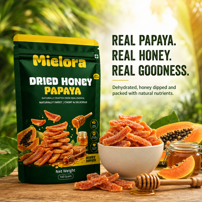 Mielora Dried Honey Papaya, 100g | Premium Honey Dipped Dehydrated Papaya Slices
